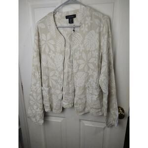 Tahari Linen Blend White Brown Open Long Sleeve Leaf Print Pocket Blazer Size L